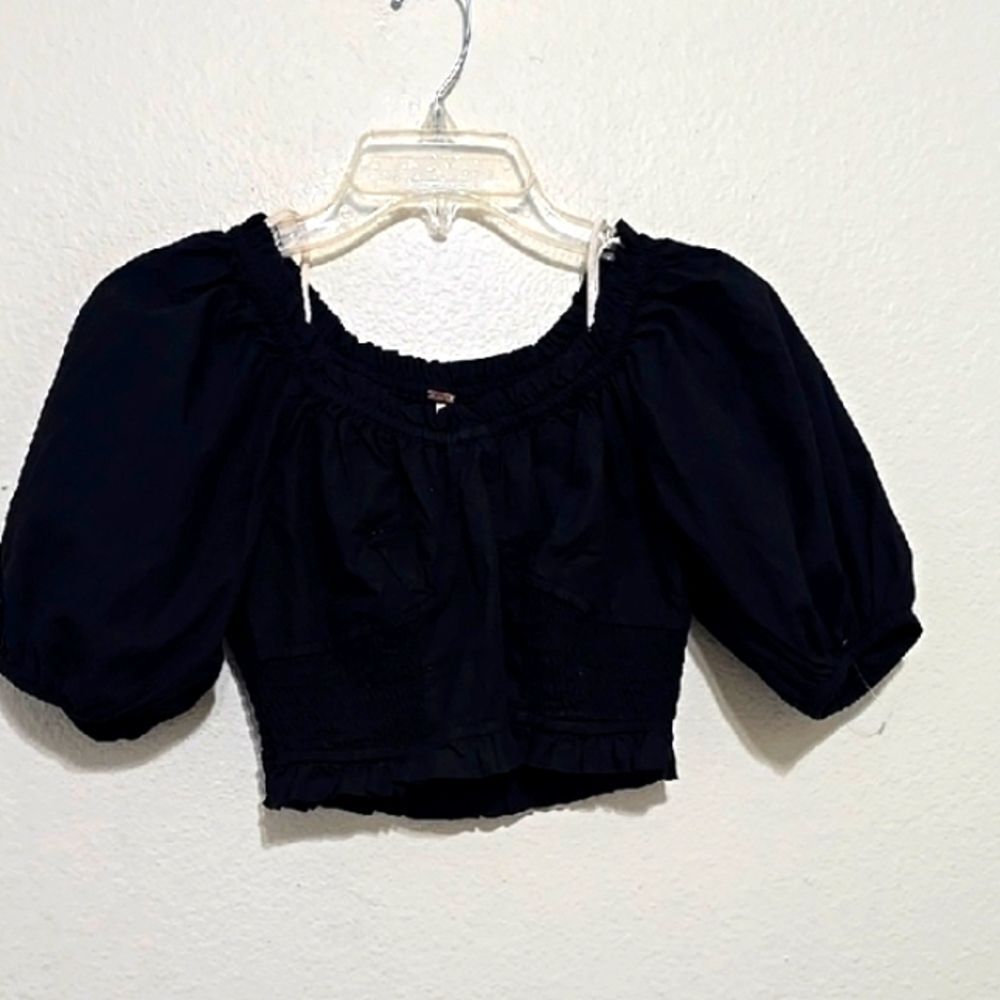 Free People Black Puff Sleeve Crop, Smocked Top S